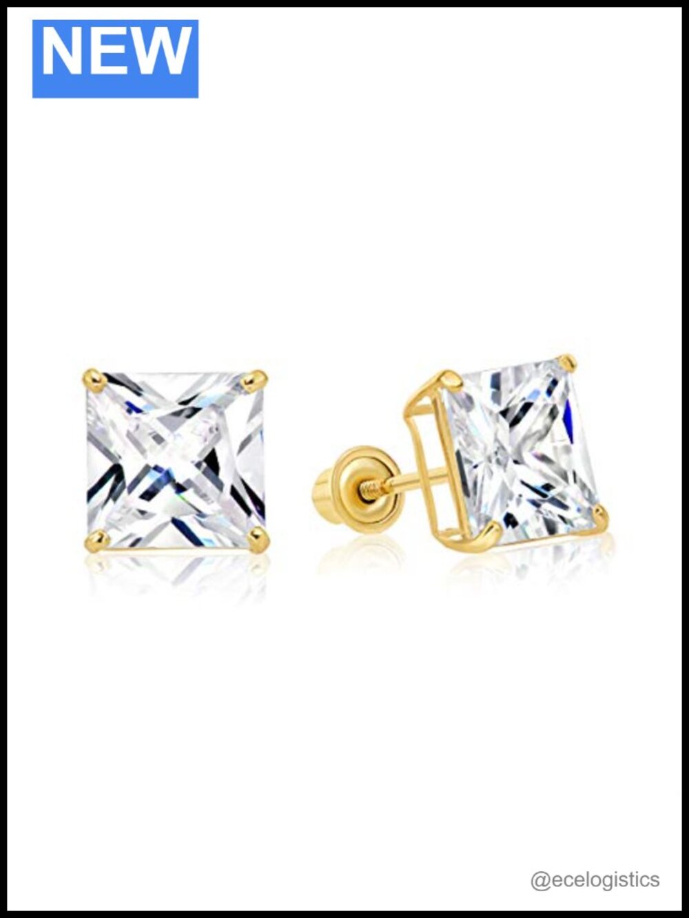 14k Yellow Gold Princess-Cut CZ Solitaire Stud Earrings Screw-Back